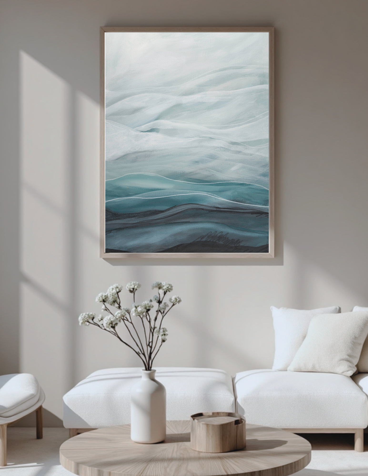Abstract landscape artwork by Leanne Aroha Mulder titled "Dreaming Below" — features soft misty blues, layered hills, and delicate flowing lines.