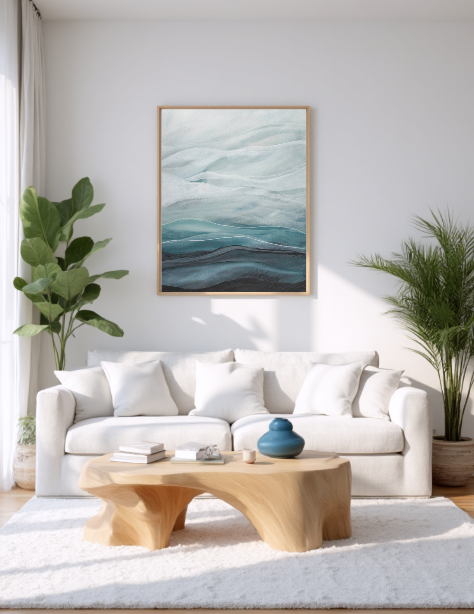 Abstract landscape artwork by Leanne Aroha Mulder titled "Dreaming Below" — features soft misty blues, layered hills, and delicate flowing lines.