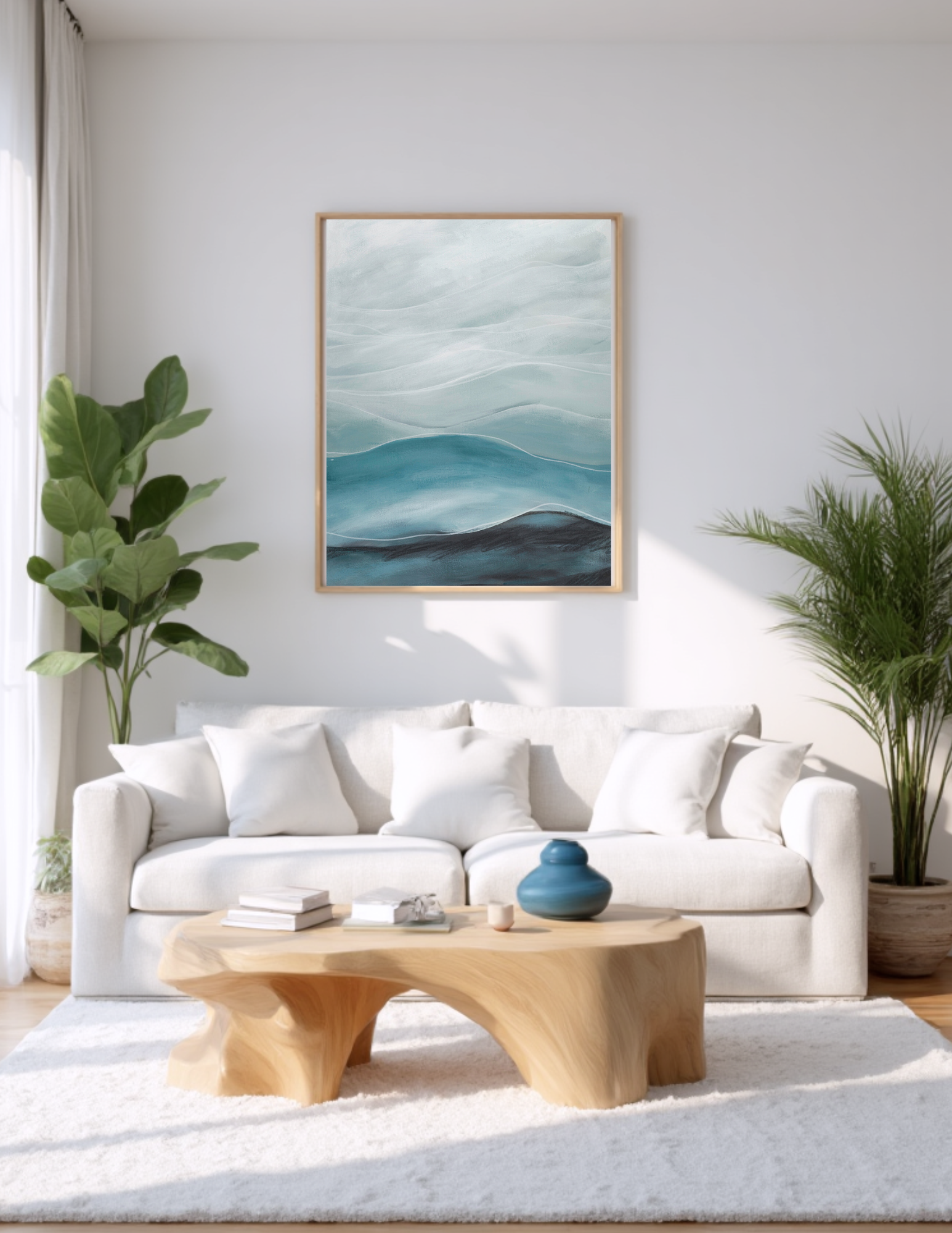 Where the Current Flows” by Leanne Aroha Mulder – abstract landscape painting in soft blue, teal, and charcoal tones with gentle layered hills in a living room