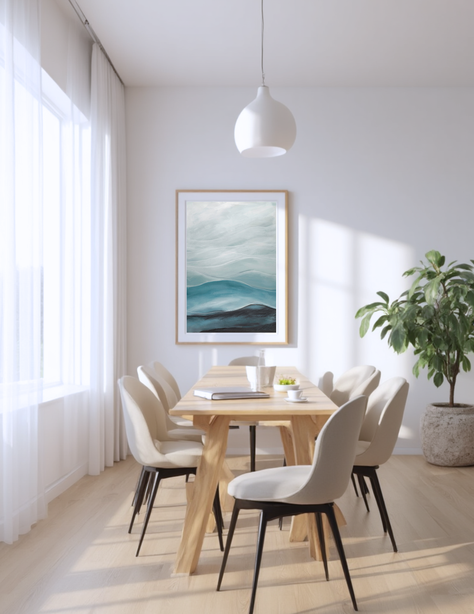 Where the Current Flows” by Leanne Aroha Mulder – abstract landscape painting in soft blue, teal, and charcoal tones with gentle layered hills in a dining room