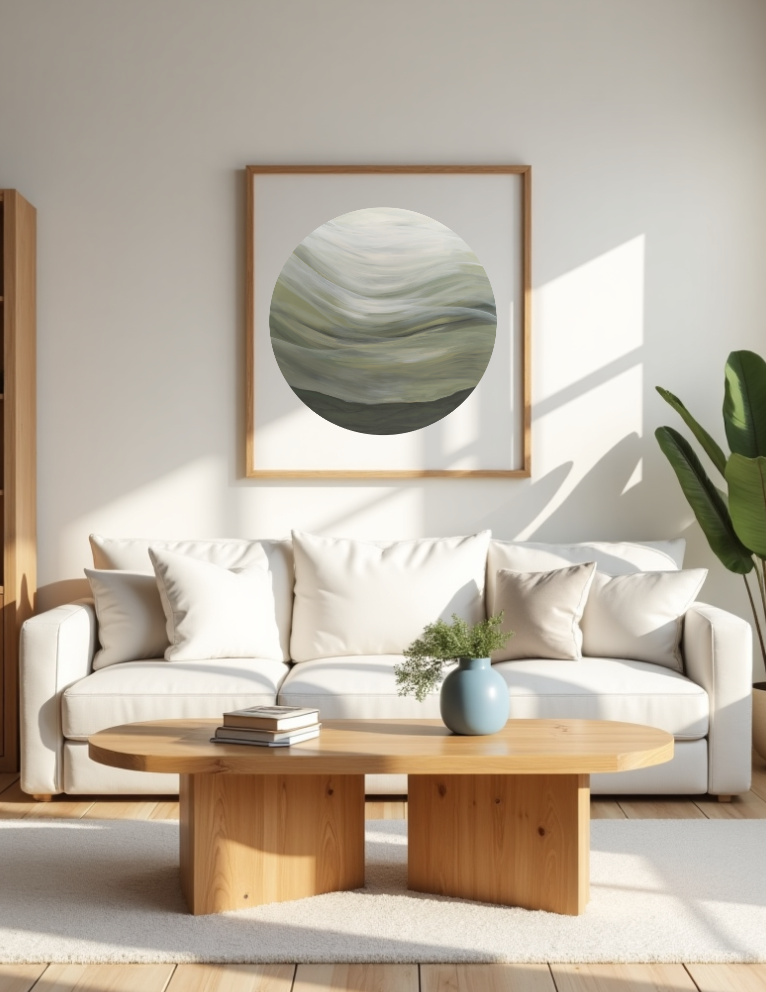 Velvet Earth circular abstract landscape print by Leanne Aroha Mulder, featuring soft earthy greens and flowing, misty hills, in a living room