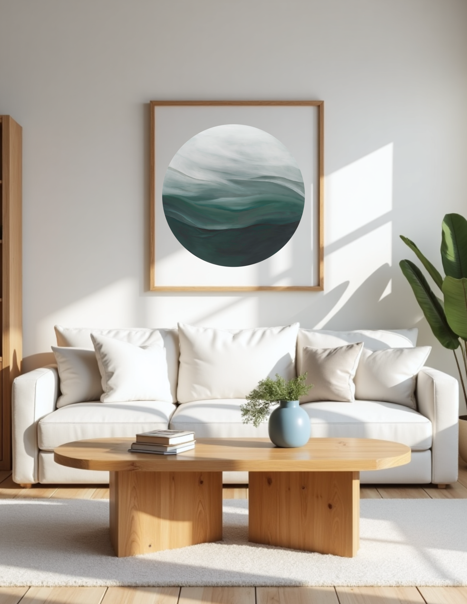 In the Quiet of Light" print by Leanne Aroha Mulder – soft abstract circular landscape in misty greens and whites, evoking peaceful misty visions