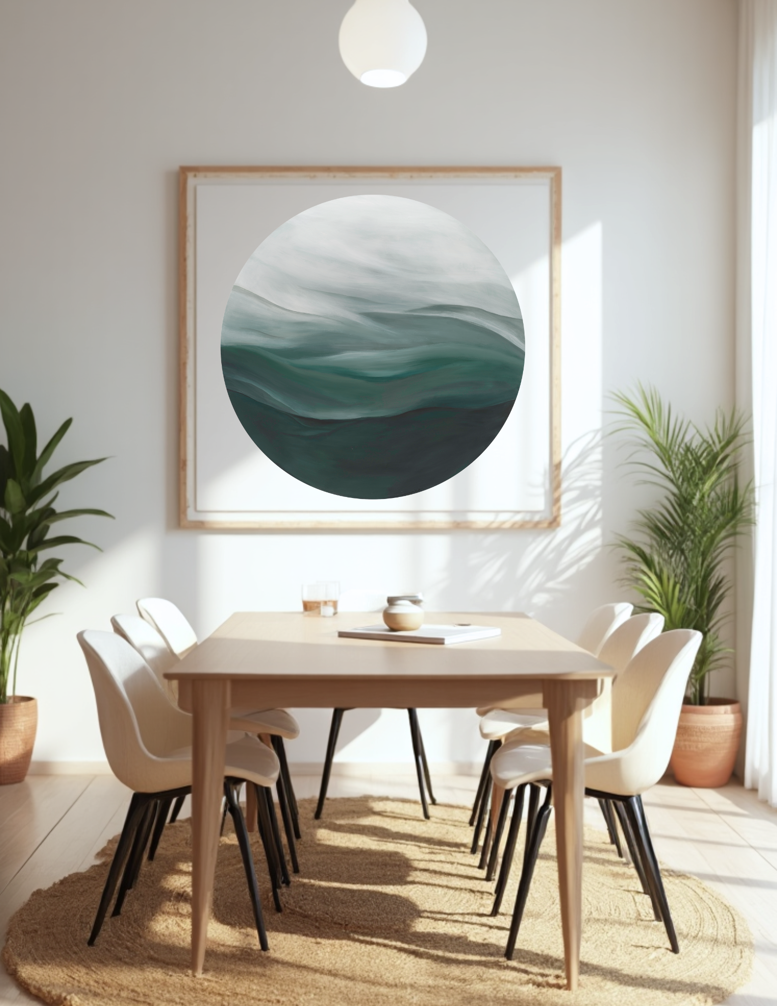 In the Quiet of Light" print by Leanne Aroha Mulder – soft abstract circular landscape in misty greens and whites, evoking peaceful dawn light.