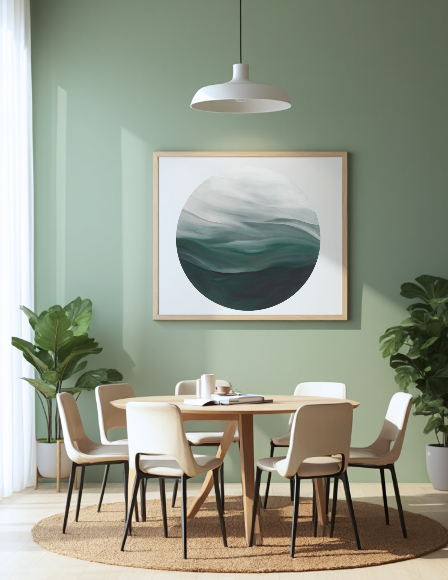 In the Quiet of Light" print by Leanne Aroha Mulder – soft abstract circular landscape in misty greens and whites, evoking peaceful misty visions in a dining room