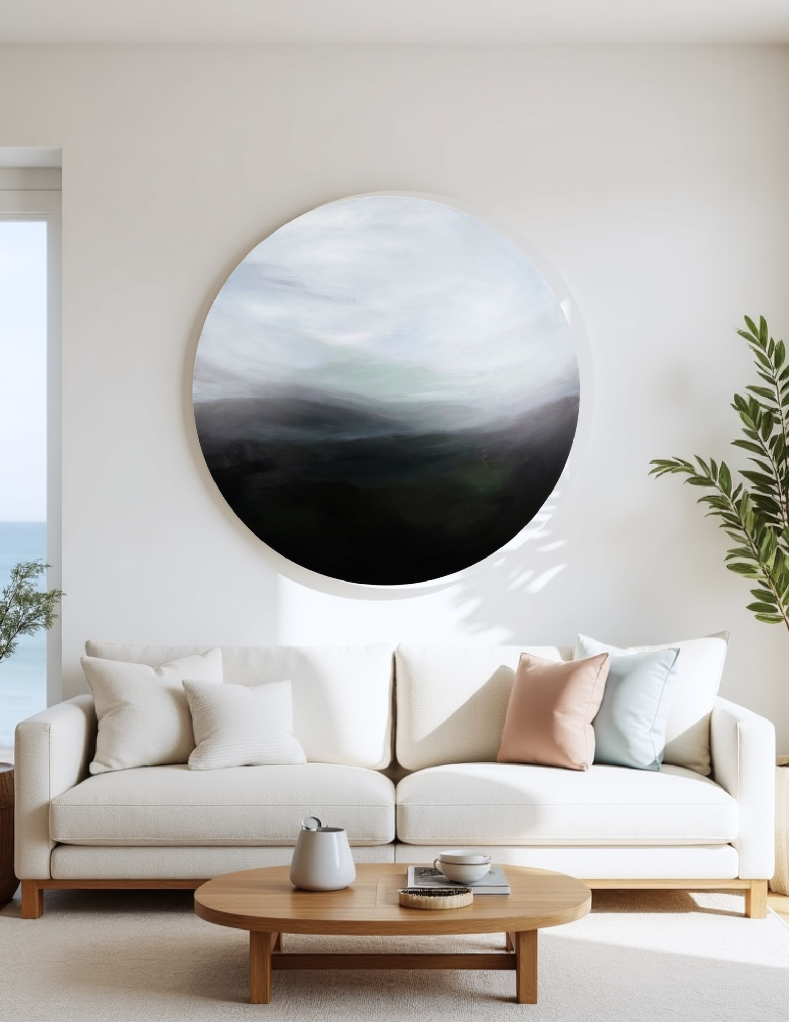 Flowing Embrace’ by Leanne Aroha Mulder – large circular abstract painting in soft greens and misty whites, inspired by Hine-pūkohu-rangi in a living room