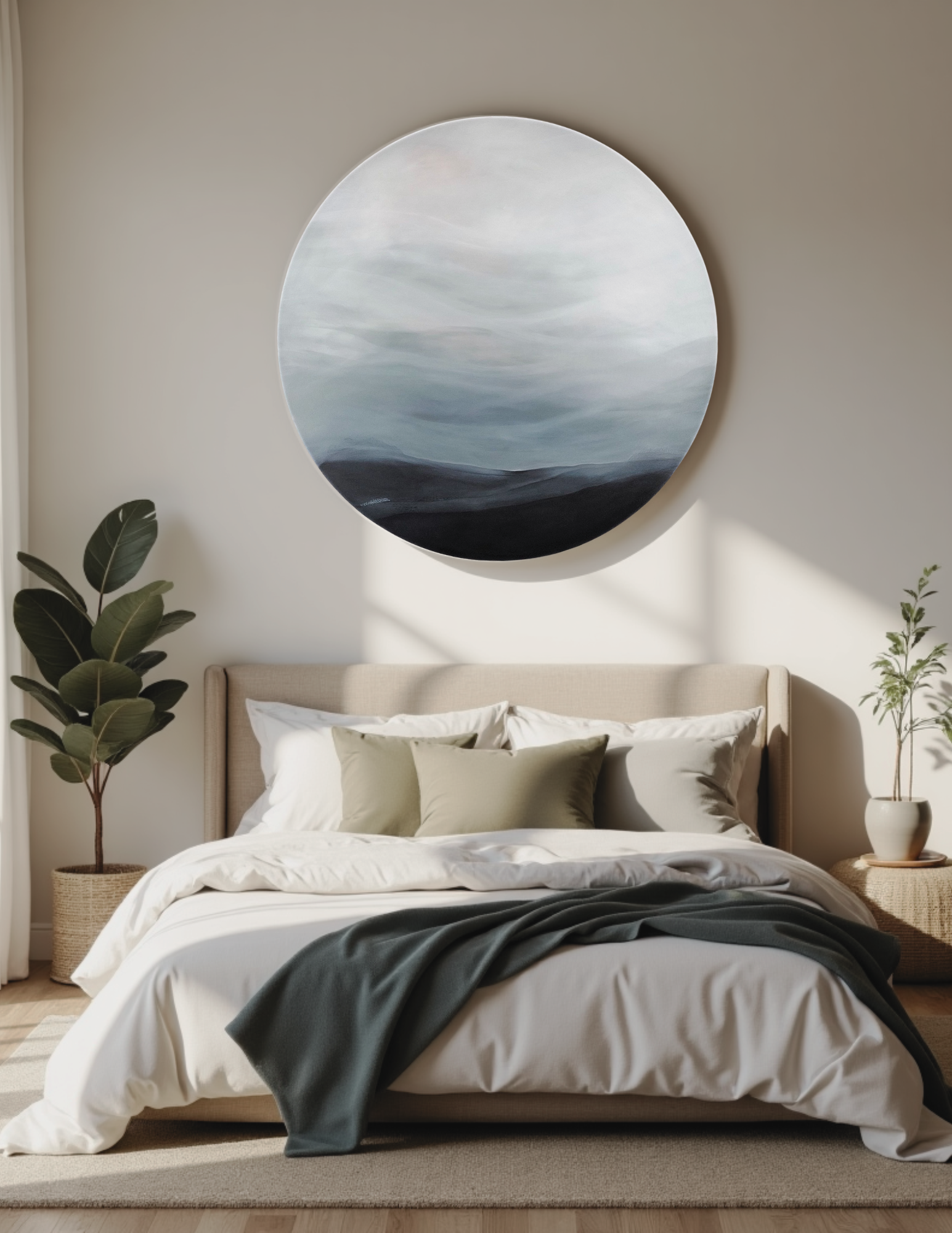 Beyond the Horizon by Leanne Aroha Mulder – large round painting with soft hills and a misty sky in subdued tones, evoking quiet reflection and calm.