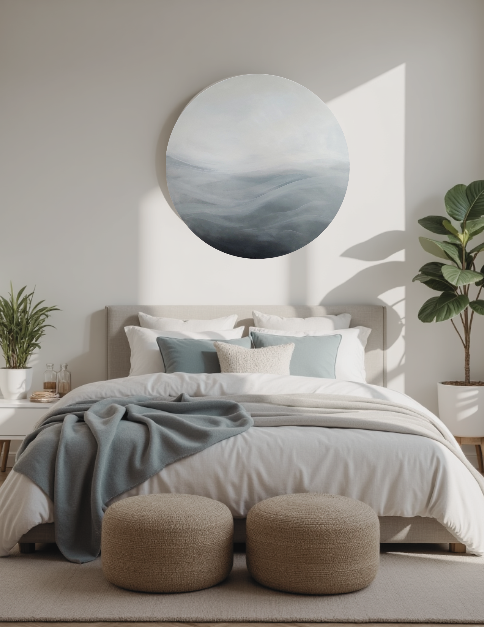The Quiet Way Forward by Leanne Aroha Mulder – abstract circular painting in soft misty tones, with faint hills and blurred land meeting sky. In a bedroom on the wall