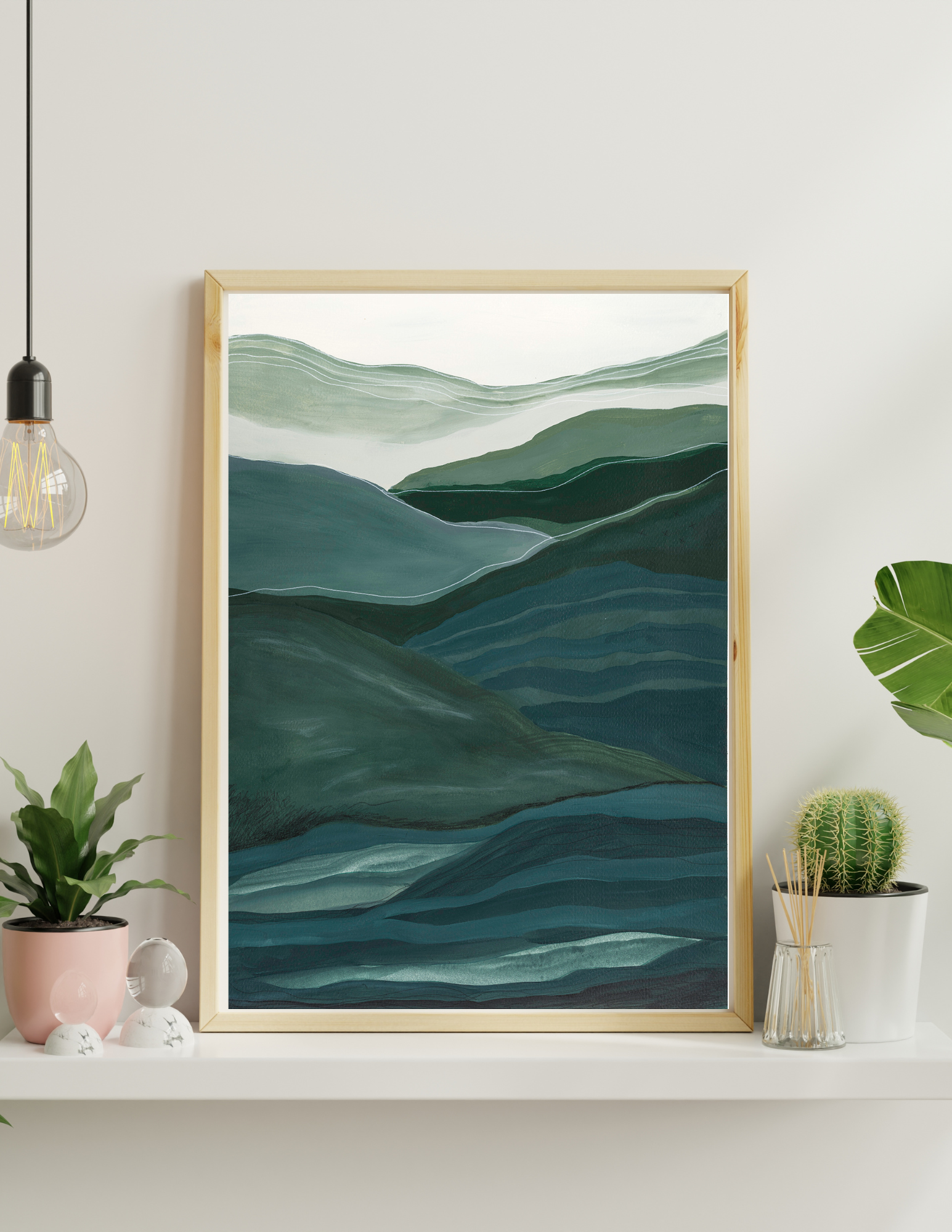 Abstract A2 acrylic landscape artwork by Leanne Aroha Mulder – in greens , soft blues whites, denoting layered hills and misty skys