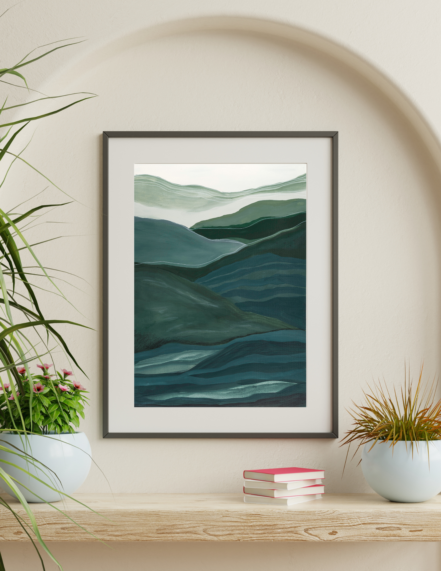 Abstract A2 acrylic landscape artwork by Leanne Aroha Mulder – in greens , soft blues whites, denoting layered hills and misty skys