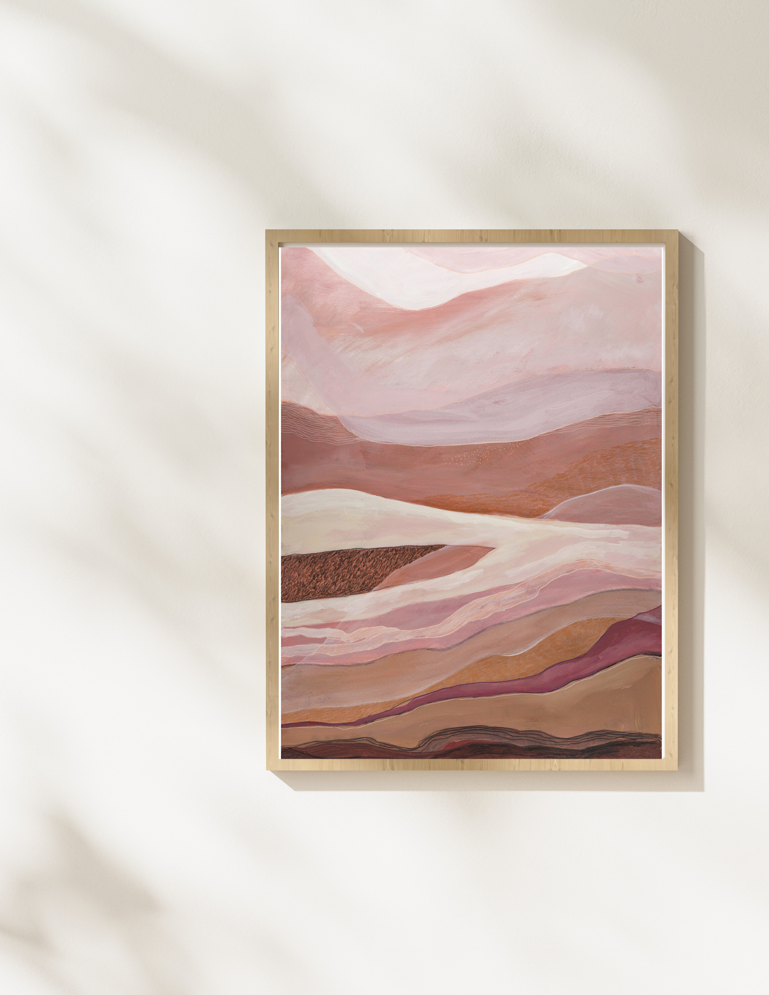 Original abstract landscape artwork featuring flowing mountain silhouettes in warm pink and coral hues
