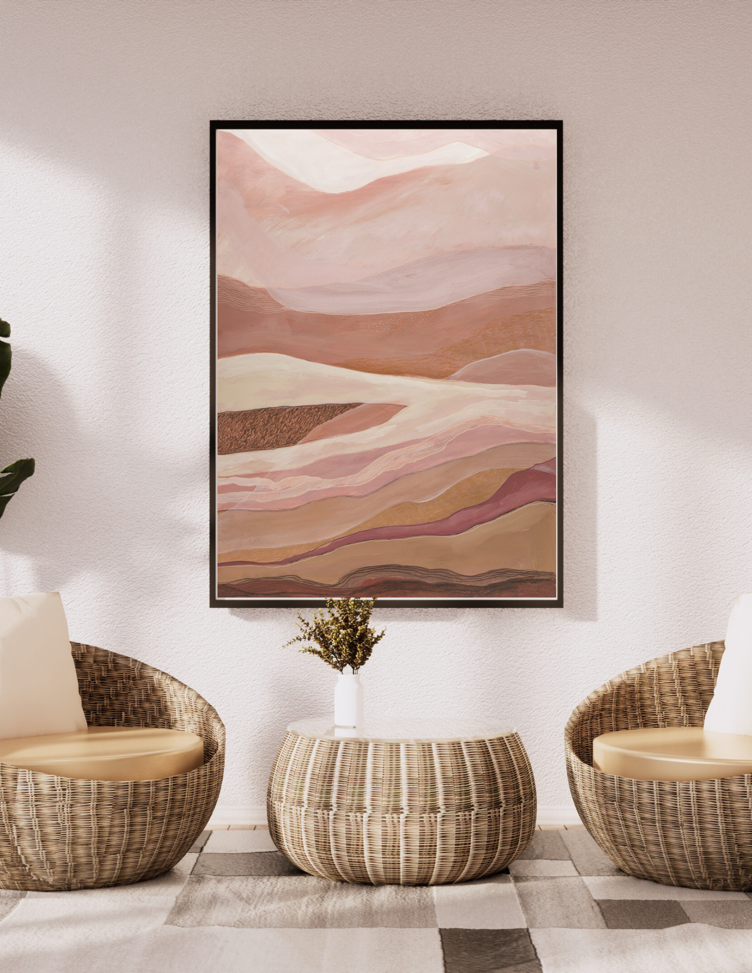 Original abstract landscape artwork featuring flowing mountain silhouettes in warm pink and coral hues with wicker chairs