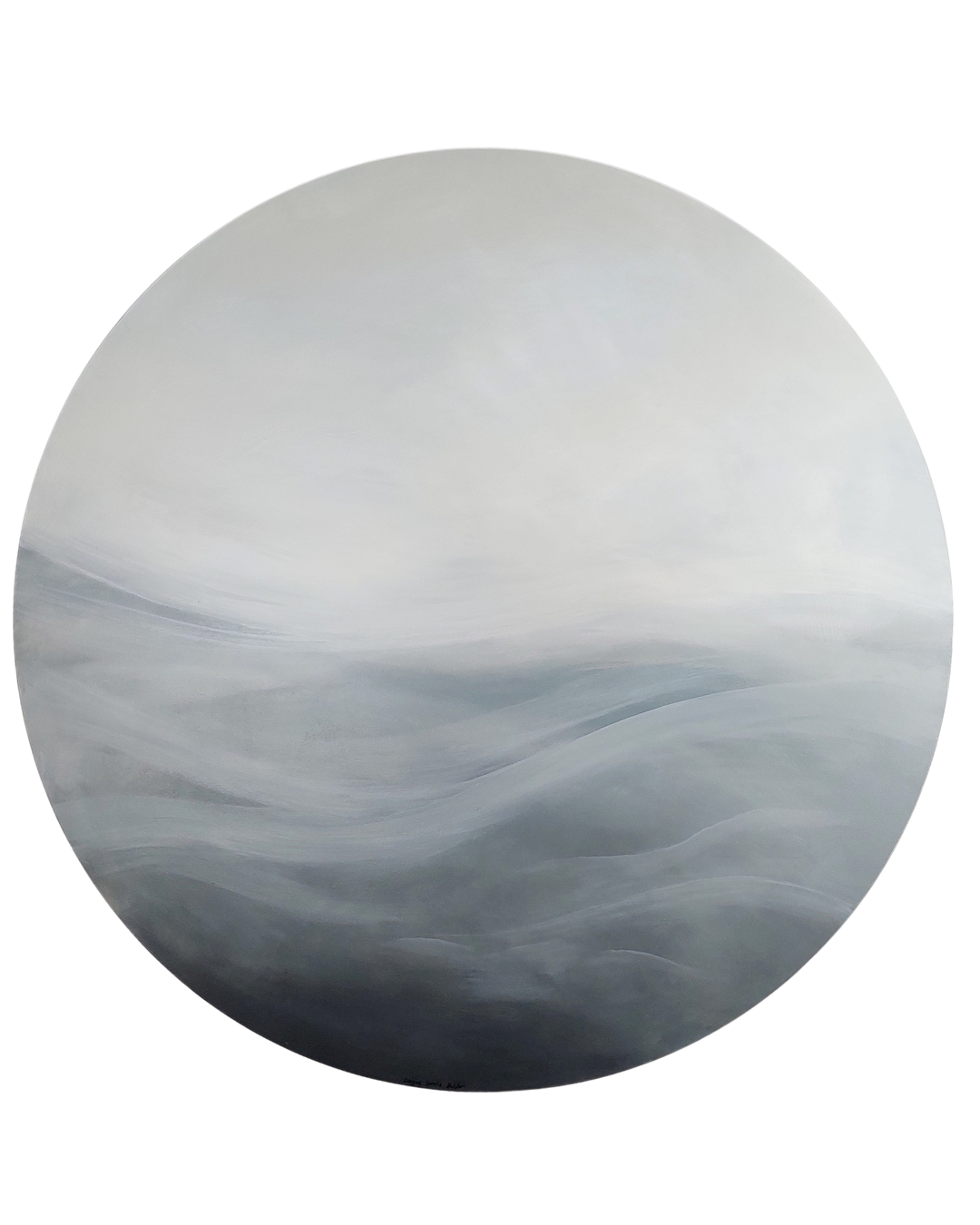 The Quiet Way Forward by Leanne Aroha Mulder – abstract circular painting in soft misty tones, with faint hills and blurred land meeting sky.