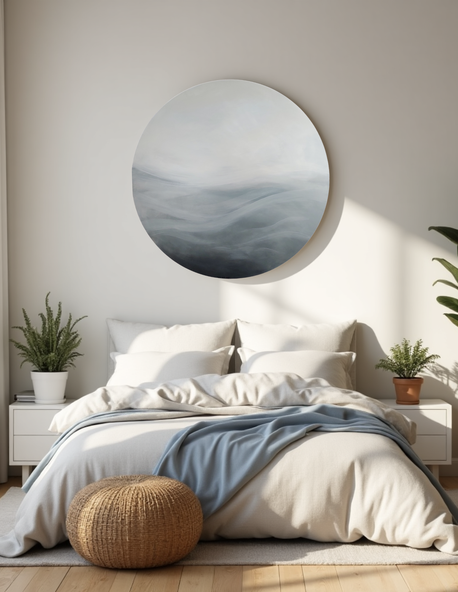 The Quiet Way Forward by Leanne Aroha Mulder – abstract circular painting in soft misty tones, with faint hills and blurred land meeting sky.