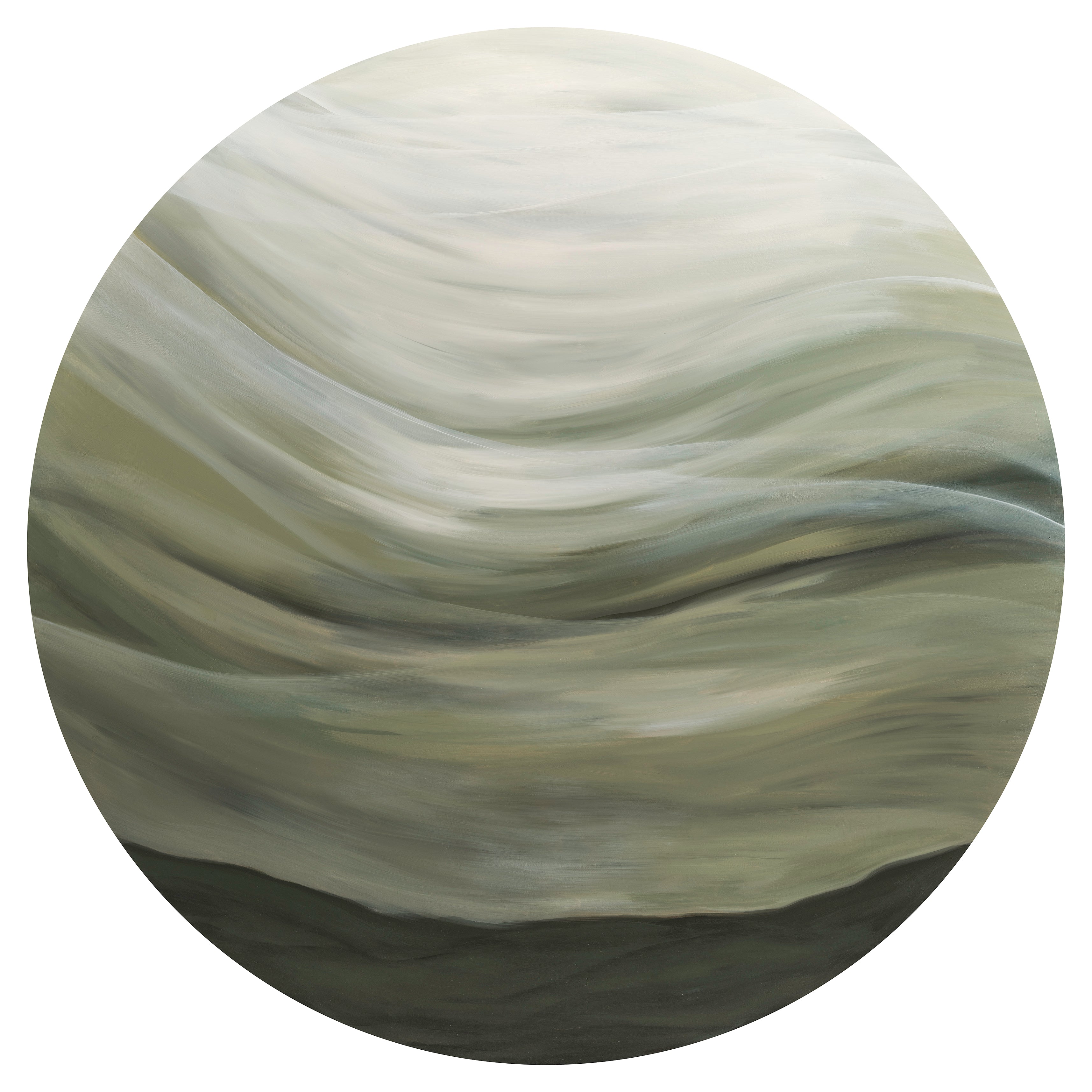 Velvet Earth circular abstract landscape print by Leanne Aroha Mulder, featuring soft earthy greens and flowing, misty hills.