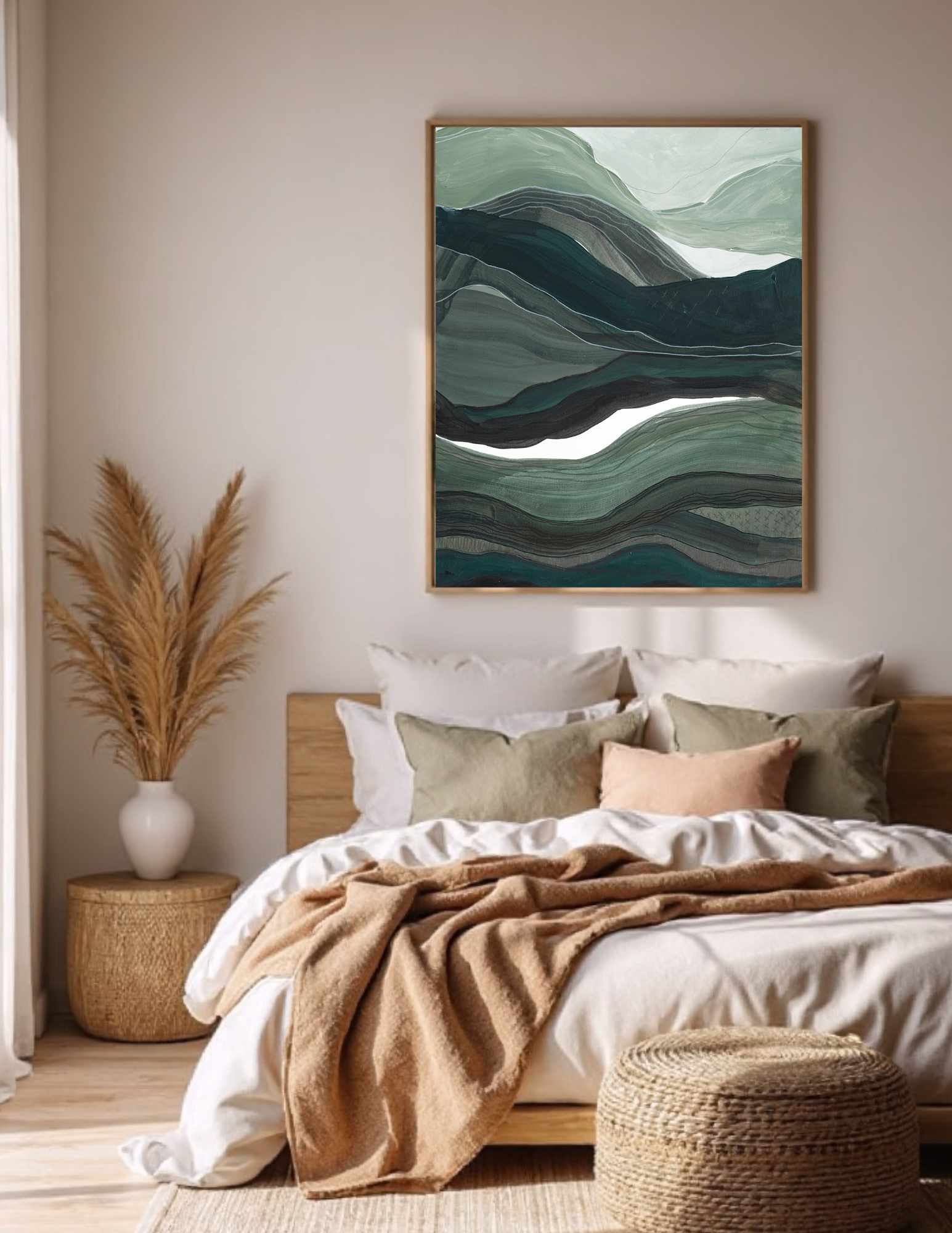 Abstract A2 acrylic landscape artwork by Leanne Aroha Mulder – in greens , moss green and teals whites, denoting layered hills  and lands and misty skys