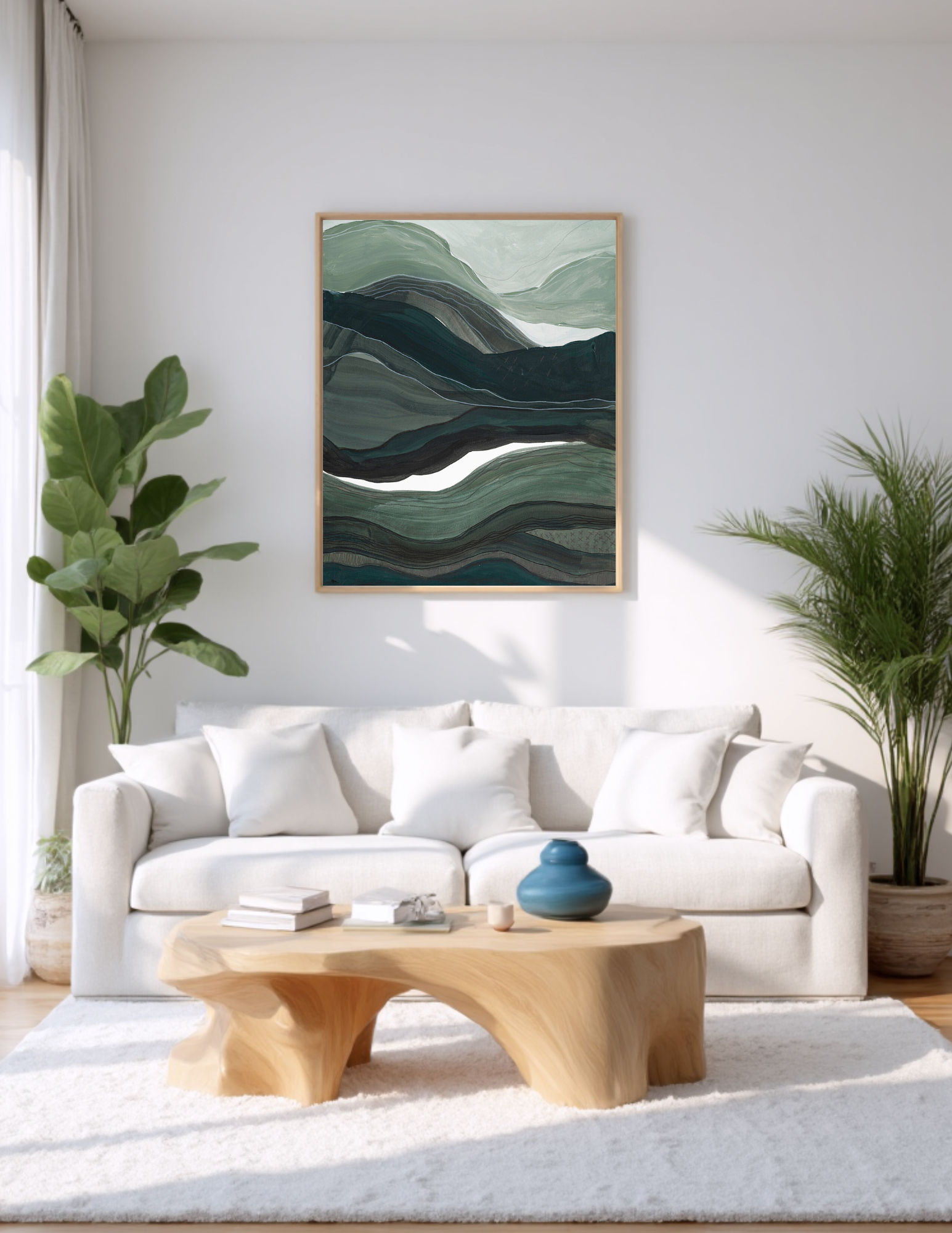 Abstract A2 acrylic landscape artwork by Leanne Aroha Mulder – in greens , moss green and teals whites, denoting layered hills  and lands and misty skys