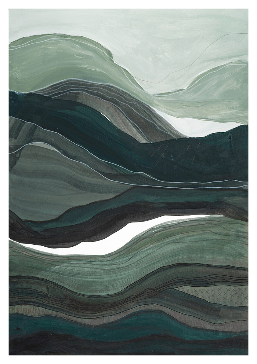 Abstract A2 acrylic landscape artwork by Leanne Aroha Mulder – in greens , moss green and teals whites, denoting layered hills  and lands and misty skys