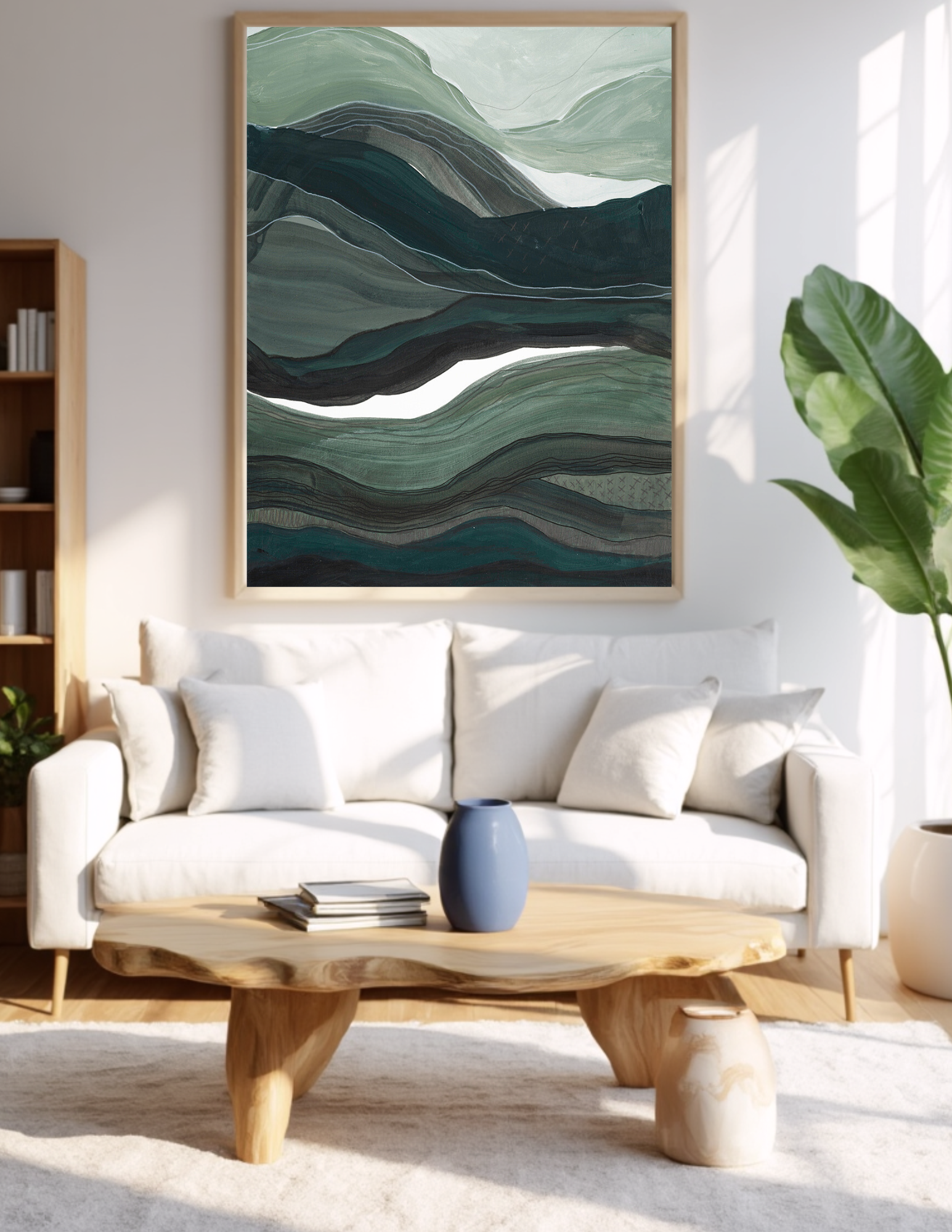 Abstract A2 acrylic landscape artwork by Leanne Aroha Mulder – in greens , moss green and teals whites, denoting layered hills  and lands and misty skys