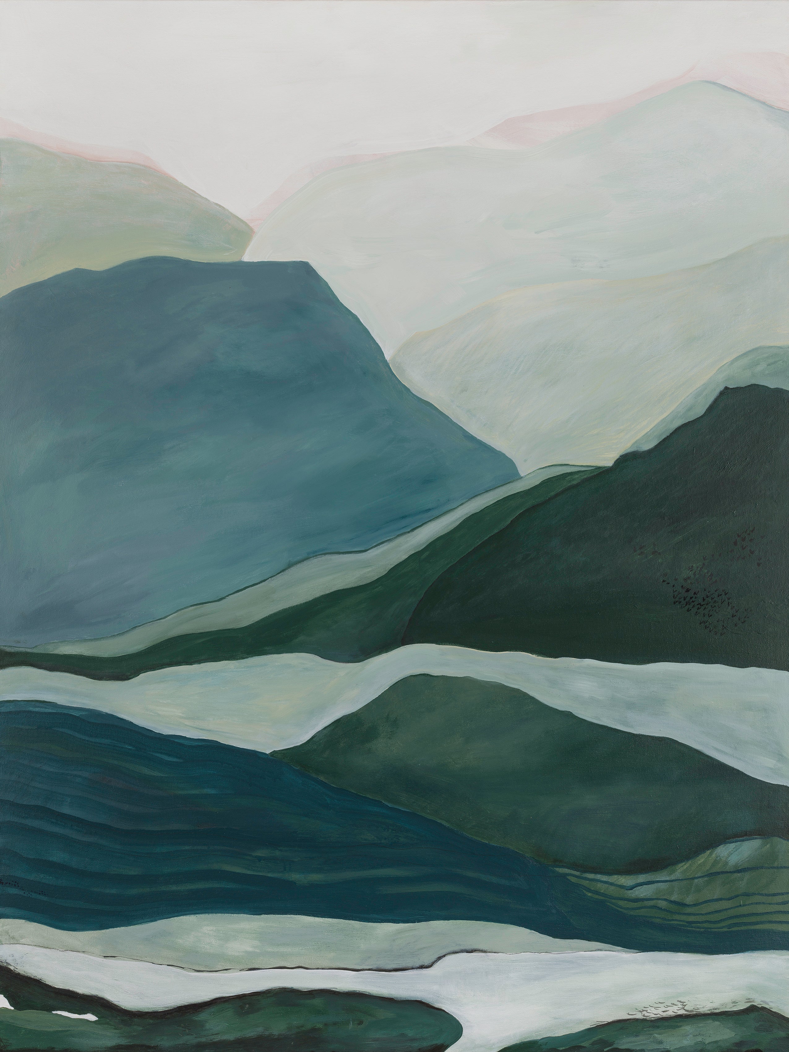 Large abstract landscape painting in soft earthy tones, with layered brushwork evoking hills, memory, and mist.